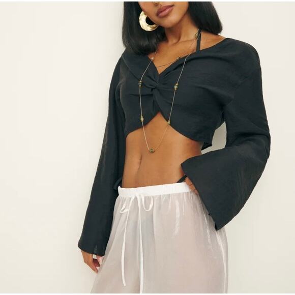 REFORMATION Keegan Top Ibiza Collection Womens XS Black Long Sleeve Twist Crop - Picture 1 of 15